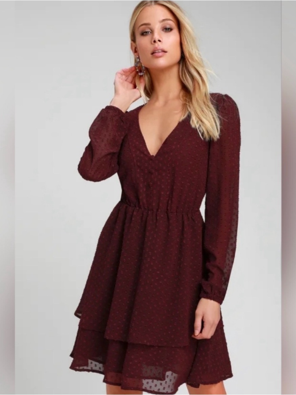 Lulus Brilliant Love Swiss Dot Long Sleeve Skater Dress Size Large Burgundy Red